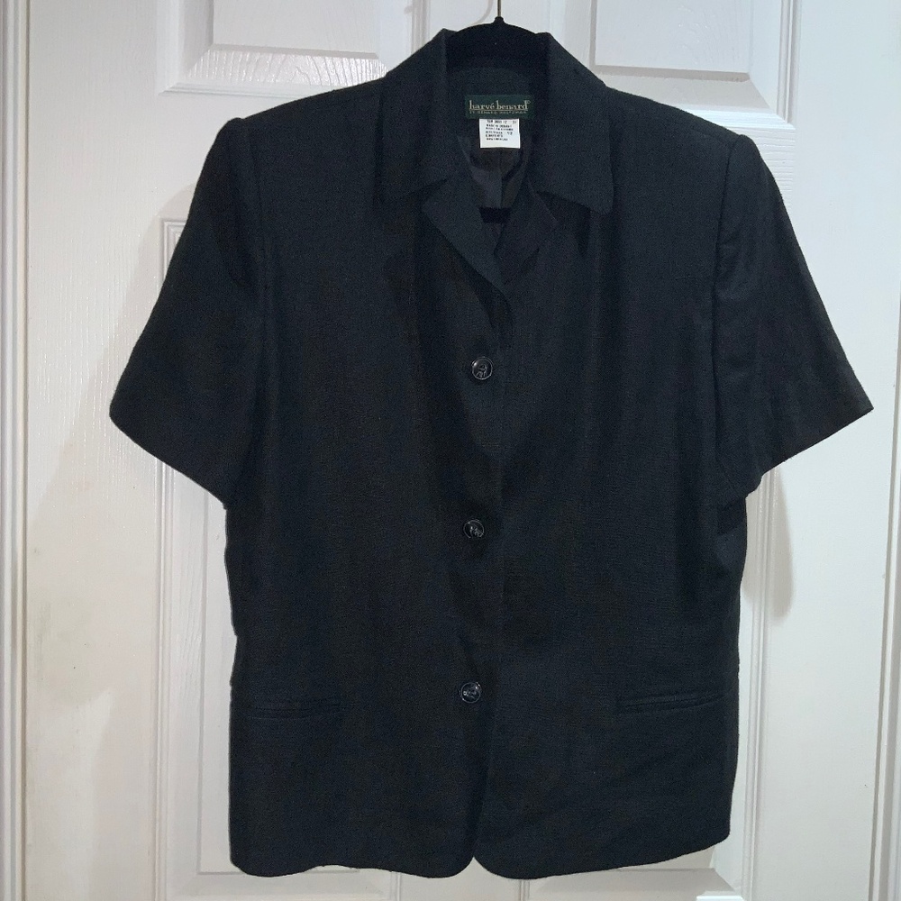 Harve Benard black button front linen jacket sz 12 vintage short sleeve